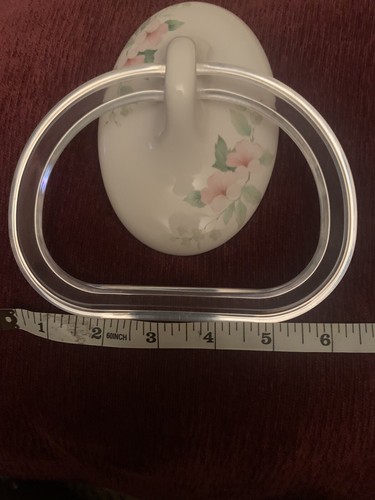 Lenape White Porcelain Towell Holder Acrylic Ring Pink Floral Blossoms - Picture 3 of 6