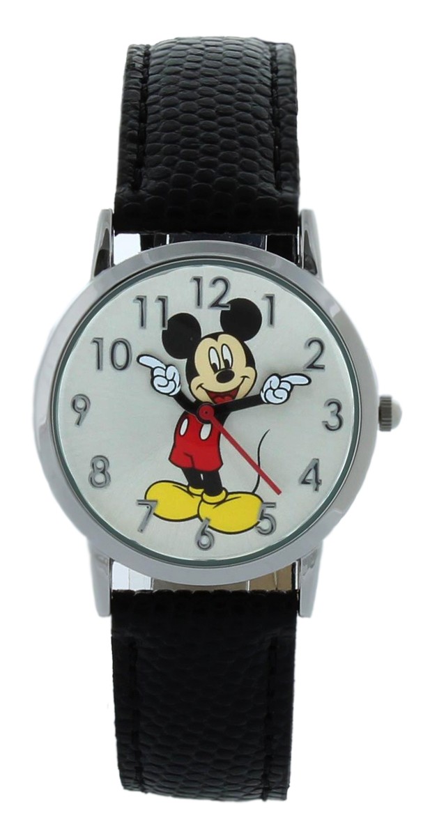 Disney Mickey Mouse Molded-Hands Black Watch, Genuine Leather