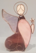Stained Glass Angel Votive Candle Holder 8" Tea Light Red Pink And White Decor