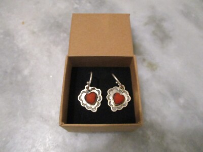 VINTAGE DON LUCAS STERLING SILVER 925 CORAL HEARTS SIGNED DANGLE EARRINGS -4.60g