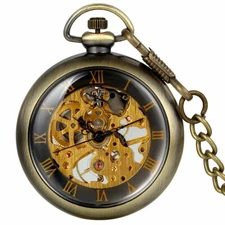 Mens Bronze Tone Pocket Watch Open Face Skeleton Hand Winding Mechanical Chain