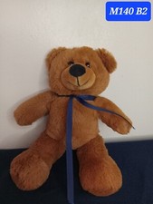 14" Brown Plush Animal Stuffed Toy Bear With Blue Ribbon