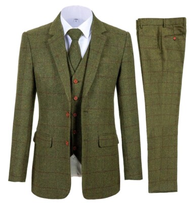Herren Anzug Wollmischung Tweed kariert Vintage Smoking Abschlussball Jagdanzüge olivgrün