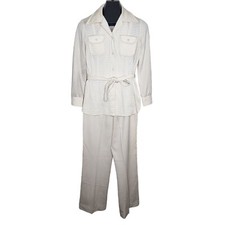 Vintage 70s Leisure Suit Jacket Pants Womens M Beige Polka Dot Double Knit Poly