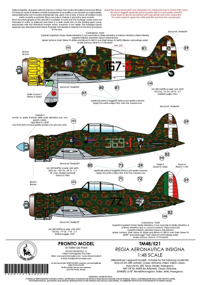 TAURO MODEL TM48/521 INSEGNE REGIA AERONAUTICA Ju-87, C.R.32, M.C.200/202 1:48 - Immagine 3 di 4