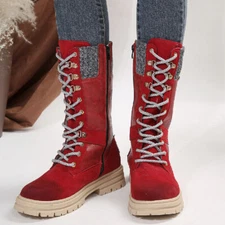 Womens Zipper Warm Mid Calf Biker Booties Block Thick Round Toe Shoes Comfort