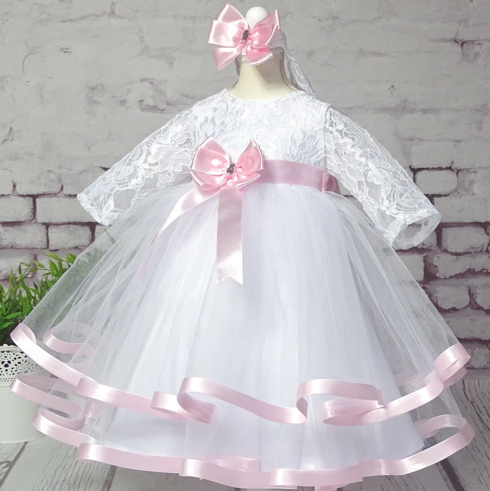 Taufkleid Festkleid mit Stirnband 2-tlg  Spitze Tüll Langarm ❤️Neuheit ❤️ - Bild 3 von 4