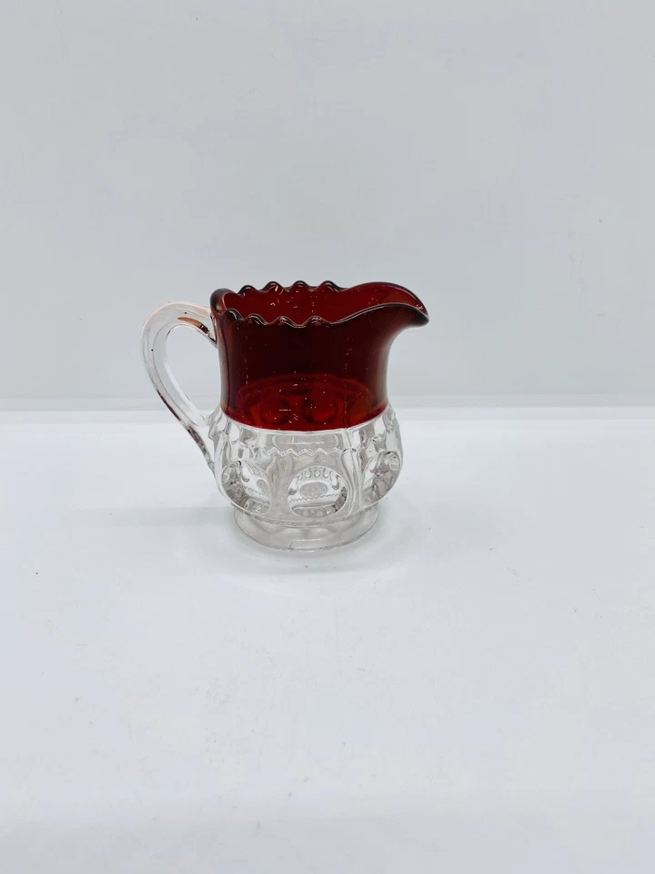King Crown U S Glass Comp Ruby Red Flash Creamer Pitcher Ruffle Edge - Image 2 of 4