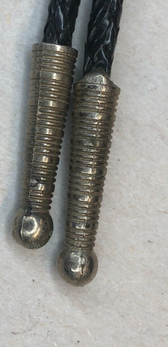 Corbata vintage Bolo turquesa caballo galopante tono plata cuero tejido suroeste - Imagen 4 de 8