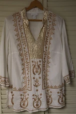 Charter Club Womens Size 1X White & Gold Embroidery Tunic Top Blouse 3/4 Sleeve