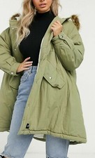 Sixth June Oversized Parka Coat Ladies Fur Hood Khaki Green Size M Rrp £120