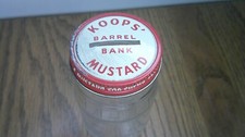 vintage Koops' mustard Barrel shaped glass still bank Holland mills Co.     Z118