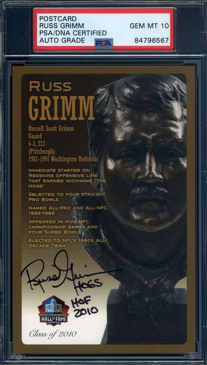 Russ Grimm HOF Bronze Bust PSA DNA Autographed Gem Mint 10 Postcard