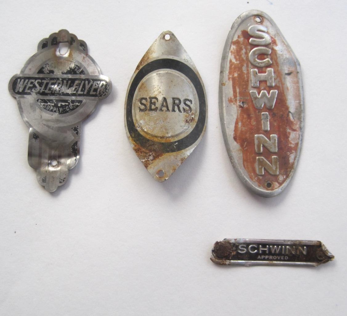 4 Bicycle Head Badge Nameplates Schwinn Sears Western Flyer Metal
