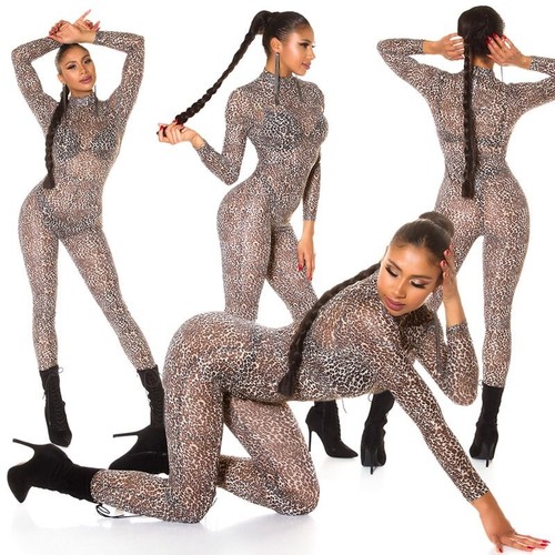 Koucla Sexy Animal Print Mesh Skinny Jumpsuit Catsuit Overall Long Sleeved Sheer - Picture 5 of 38