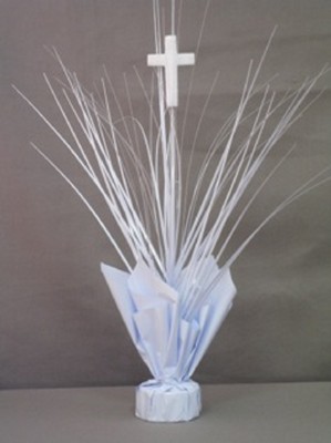 2 White Balloon Weights with Cross Religious Communion 20'' Tall 