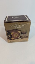Vintage Wood Coaster Set of 6 in Decorative Wood Box with Brass Accents