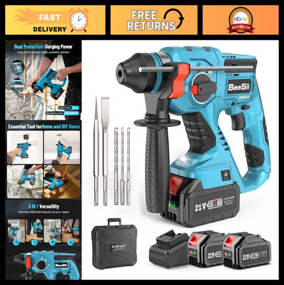 Cordless SDS-Plus Rotary Hammer Drill for Concrete, 2x 4.0Ah Batteries, 3 Bits &