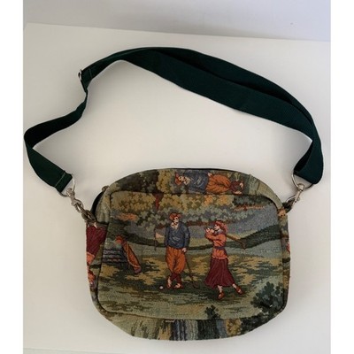 Holdings Fine Accessories Vintage Tapestry Golf Scene Crossbody Bag Green Strap