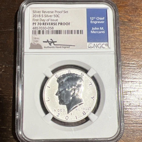 2018 S 50C REVERSE PROOF SILVER KENNEDY HALF DOLLAR NGC PF70 FDI MERCANTI SIGNED