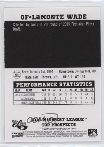 2016 Choice Midwest League Top Prospects LaMonte Wade #08 - Picture 2 of 5