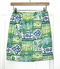 Talbots Floral Tile Print Skirt Size 4 Petite Blue Green Zip Back Mini Skirt