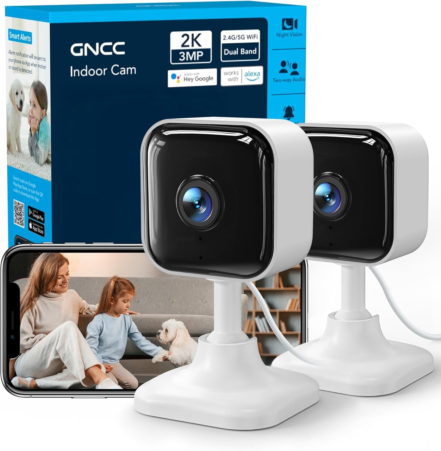 2K 3MP Indoor Security Camera 2 Pack CCTV for Home, Motion/Sound Detection,