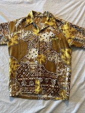 Vintage 70s Barefoot in Paradise Hawaiian Shirt Medium Tiki Tribal Brown Gold