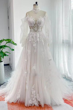 Pure White Love Elegant Wedding Dress V Neck Fairy Long Sleeve Lace Appliqued
