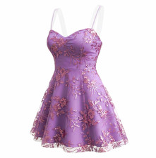 Windsor Purple Floral Embroidered Mesh Fit & Flare Mini Dress S Sweetheart