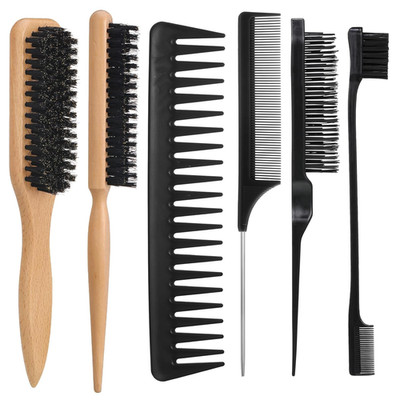 6PCS Boar Bristle Slick Back Hair Brush with Edge Brush Rat Tail Comb, Wide Toot