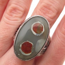 925 Sterling Silver Vintage Real Yemeni Aqeeq Agate Oxidized Ring Size 11.5