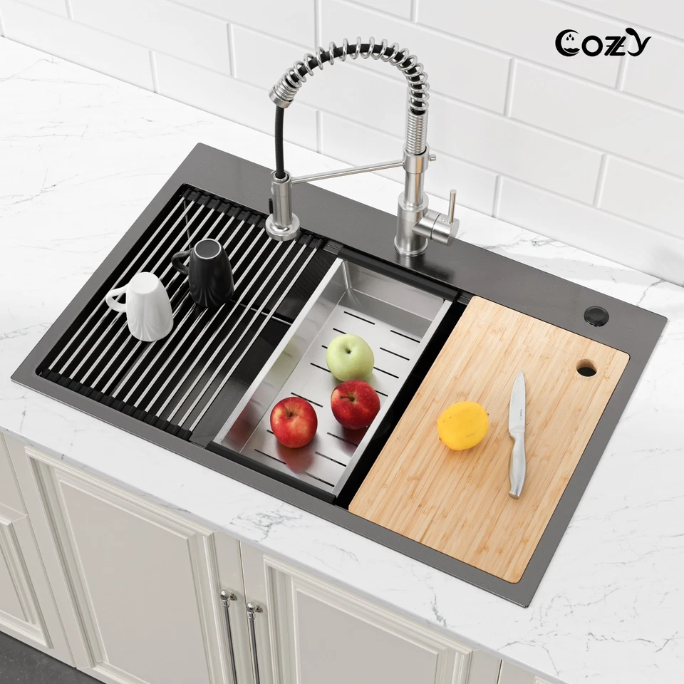 Acogedor fregadero de cocina sobremontaje 33x22 pulgadas con accesorios y desagüe Foto 4 de 4