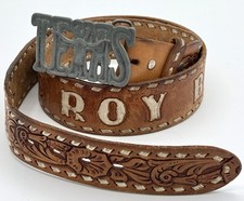 Leather Belt Hand-Tooled Floral Motif with Large Metal TEXAS Belt Belt Buckle