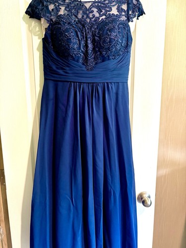 JJ House Navy Blue Satin Dress M Elegant Formal Cap Sleeves
