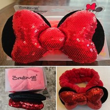 Disney Minnie Mouse Ears Headband Plush Bow The Creme Shop 3D Teddy Spa Red NEW