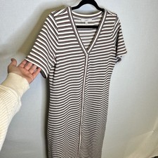 LOFT Womens Striped Ribbed Button Front Midi Dress Brown White Black Large