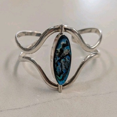 Mexican Alpacca Cuff Bracelet with rotating center stones of abalone and onyx