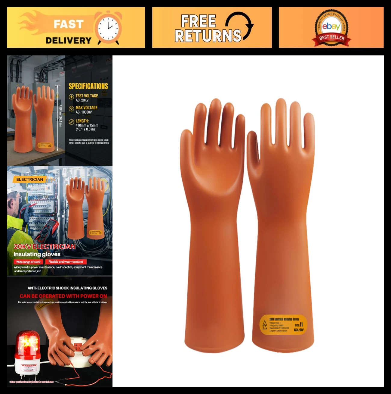 High Voltage Insulated Rubber Gloves - Class 2 ASTM Compliant Electrical Safety