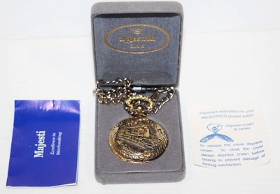 Vintage Majestron Train Embossed Pocket Watch + Chain Railroad New Battery + Box