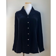 Vintage Midnight Blue Crushed Velvet Blouse Size Medium 10 Petite 90s Shirt Top