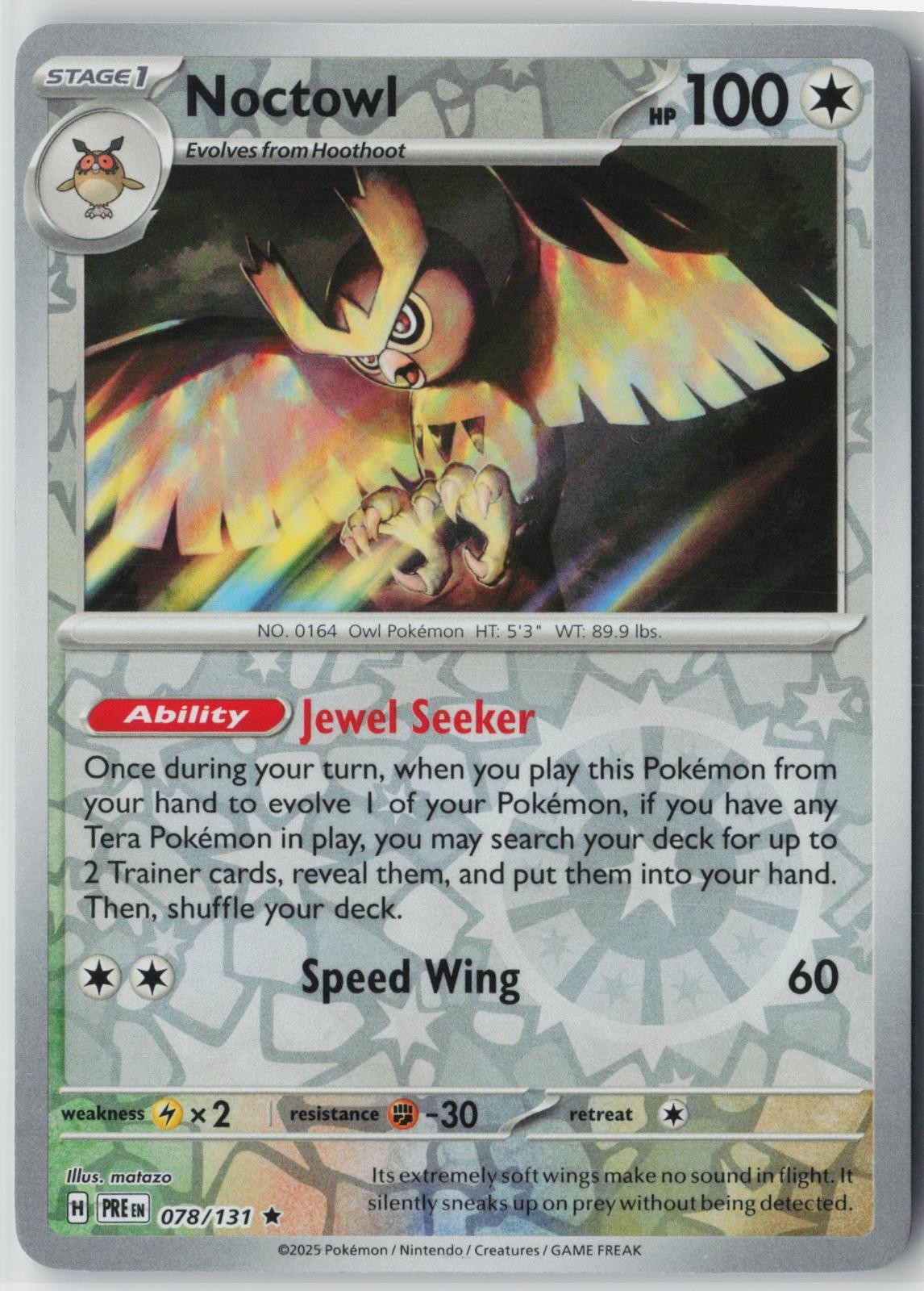 NOCTOWL 078/131 HOLO RARE PRISMATIC EVOLUTIONS POKEMON REVERSE HOLO NM