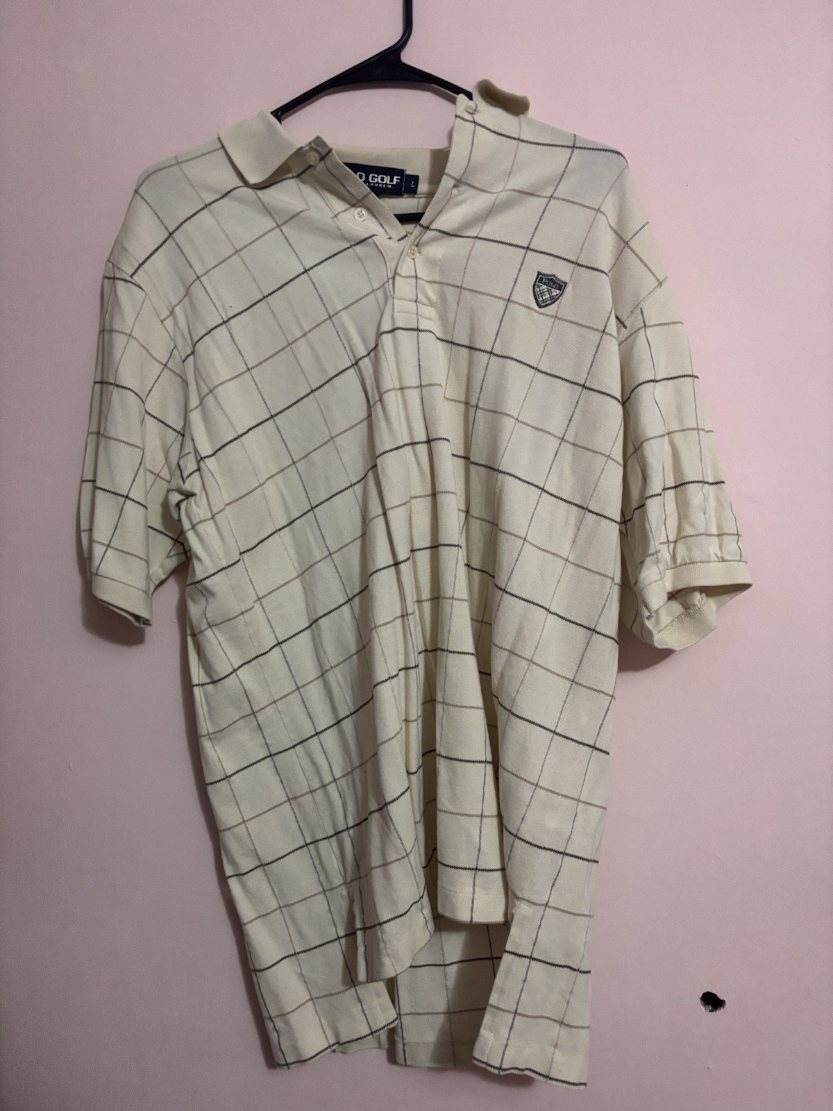 Vintage U.S. Polo Assn. Check Golf Polo Shirt L Beige Black Short Sleeve