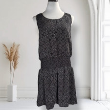 Joie Silk Mini Dress Black White Geometric Smocked Waist Sleeveless L