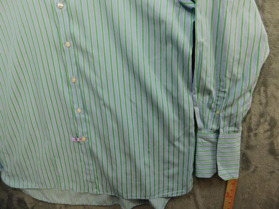 Thomas Pink Shirt Mens 18.5 2XL Blue Green Stripe Classic Fit French Cuff Dress - Image 3 of 4
