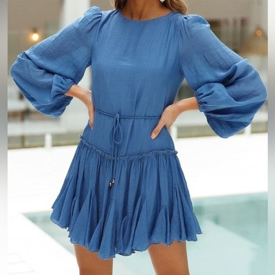 NWT Hello Molly Once In A Blue Moon Ruffled Dress Denim Blue Women s Size Small