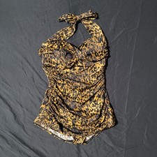 Catalina Vintage Style One Piece Swinsuit Leopard Ruched Halter Size Large