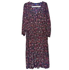 Old Navy Boho Black Floral Long Sleeve Midi Dress L Smocked Puff Sleeve