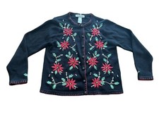 Victoria Jones Sweater Pearls  Poinsettias Bead Embroider Cardi Vntg Sz M