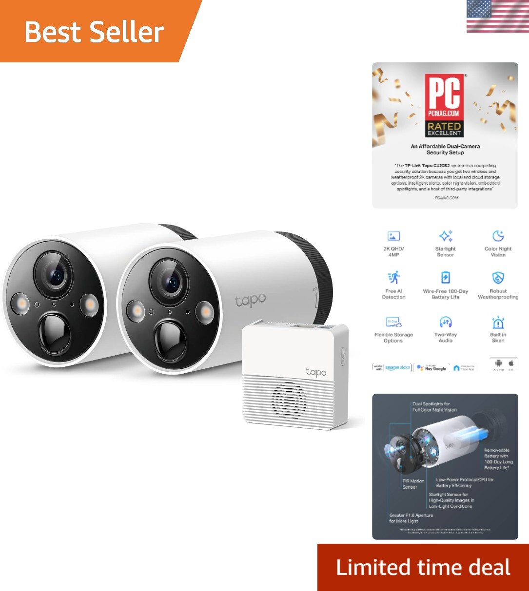 2K QHD Outdoor Wireless Security Camera System, Up to 180 Day Battery, Color ...